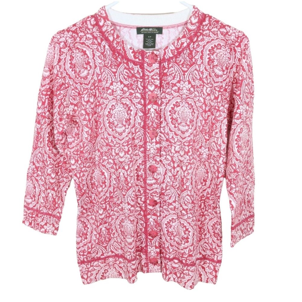 EDDIE BAUER Size S Cotton Blend Pink White Floral Crew Neck Cardigan Sweater